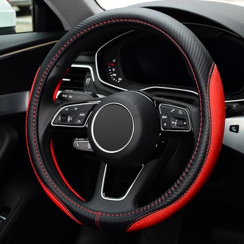 LABBYWAY Microfiber Leather Auto Car Steering Wheel Cover, Universal 15 Inch Anti-Slip Wheel Protector, Red - Image 3