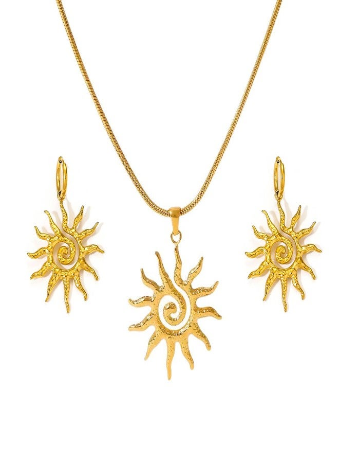 GulCean Gold Sun Necklace for Women, 18k Gold Plated Stainless Steel Bead Paperclip Chain Boho Sunshine Ring Spiral Sun Hoop Dangle Earrings and Necklace Set Non Tarnish Waterproof Jewelry (Gold-E) - Image 1