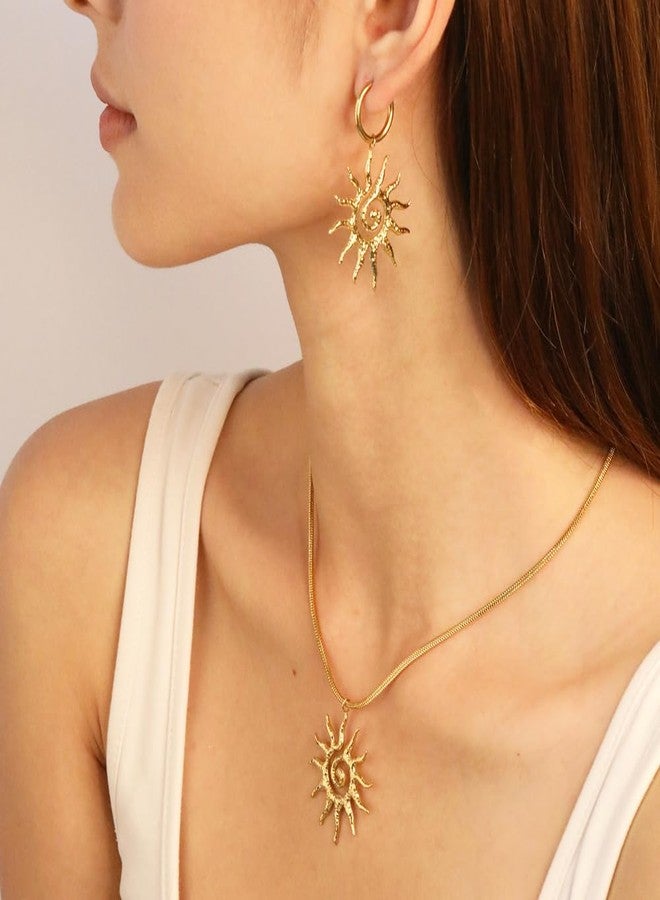 GulCean Gold Sun Necklace for Women, 18k Gold Plated Stainless Steel Bead Paperclip Chain Boho Sunshine Ring Spiral Sun Hoop Dangle Earrings and Necklace Set Non Tarnish Waterproof Jewelry (Gold-E) - Image 2