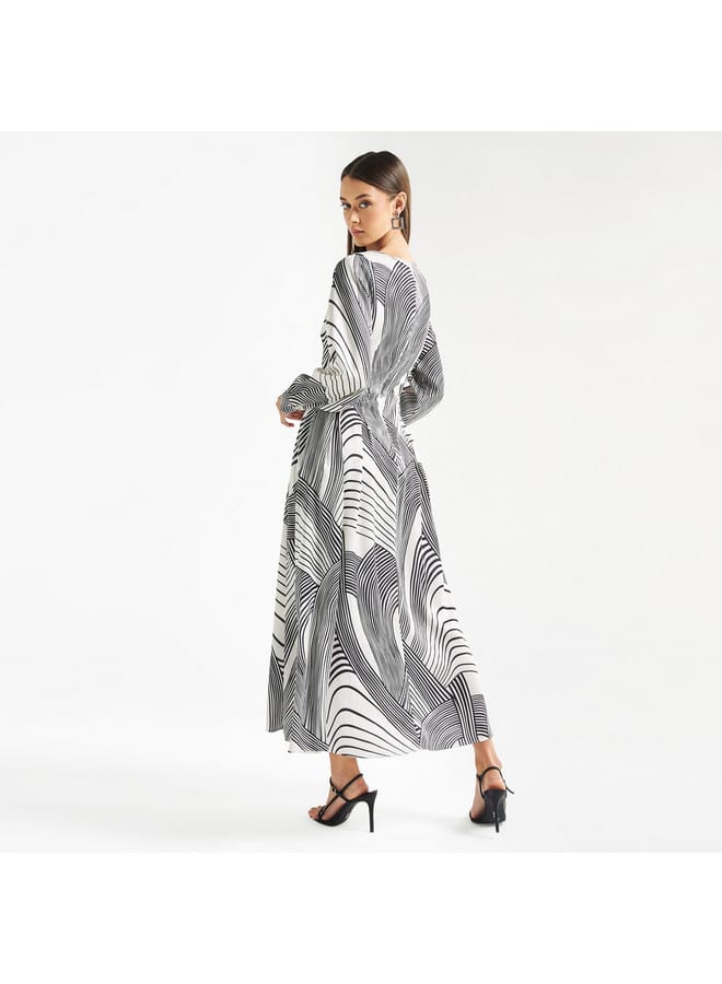 FAV Geometric Print Maxi A-line Dress with Long Sleeves  - Image 3