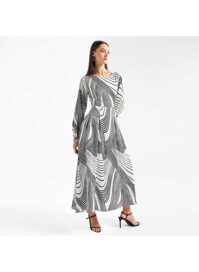 FAV Geometric Print Maxi A-line Dress with Long Sleeves  - Image 2