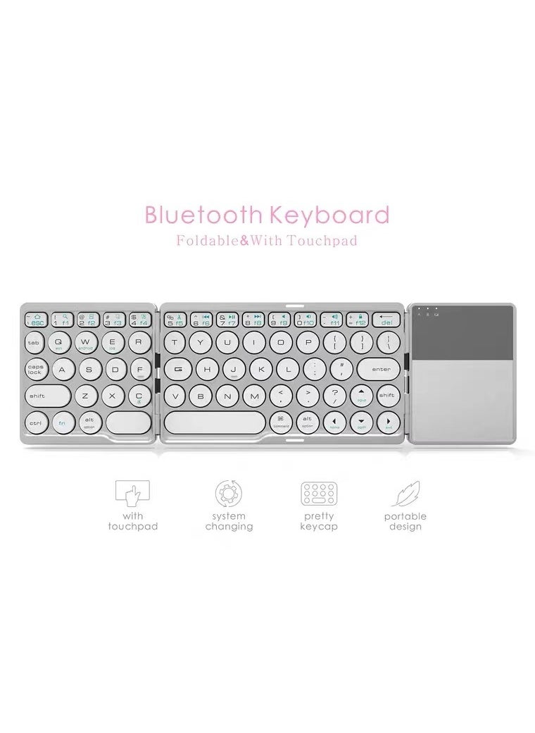 Generic - Vintage Round Touch Bluetooth Wireless Keyboard Tri-System Foldable MiniSilver Silver - Image 1