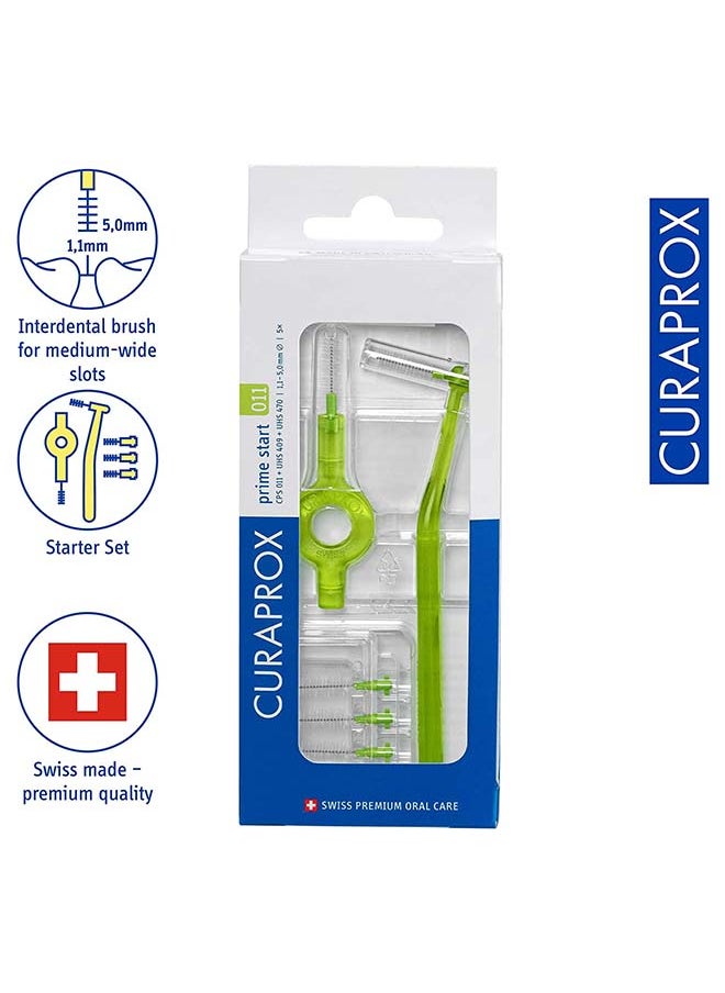 CURAPROX - مجموعة فرشاة الأسنان CPS 011 Prime Start من Curaprox، باللون الأخضر الليموني - 5 فرش أسنان بين الأسنان مقاس 1.1 مم - 5.0 مم + 2 حامل فرشاة أسنان بين الأسنان - Image 1
