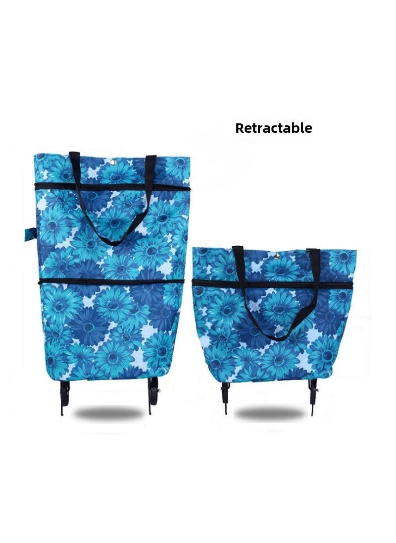 Generic Portable Folding Shopping Bag with Wheels Blue chrysanthemum 