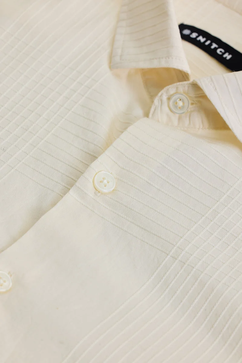 SNITCH Cream Self-Design Slim Fit Shirt