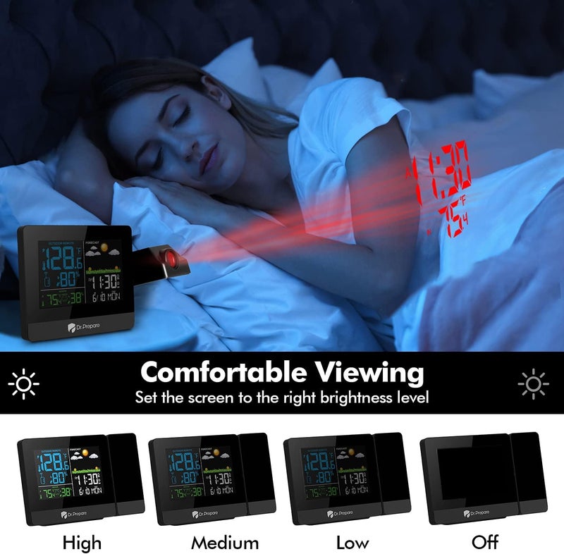 Dr. Prepare Projection Alarm Clock, Digital Clock Projector on Ceiling with Indoor/Outdoor Temperature Display, Dual Alarms, Colored Backlight, Weather Forecast, and Battery Backup for Bedroom - Image 4