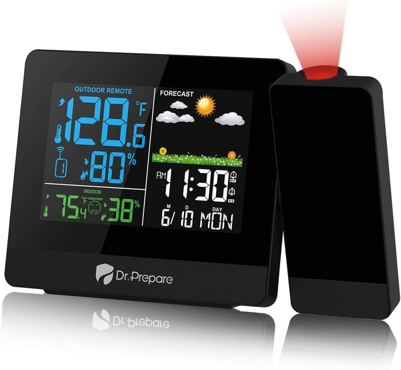 Dr. Prepare Projection Alarm Clock, Digital Clock Projector on Ceiling with Indoor/Outdoor Temperature Display, Dual Alarms, Colored Backlight, Weather Forecast, and Battery Backup for Bedroom - Image 1