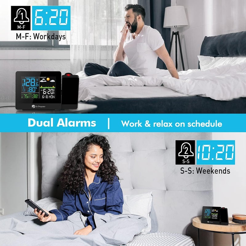 Dr. Prepare Projection Alarm Clock, Digital Clock Projector on Ceiling with Indoor/Outdoor Temperature Display, Dual Alarms, Colored Backlight, Weather Forecast, and Battery Backup for Bedroom - Image 5
