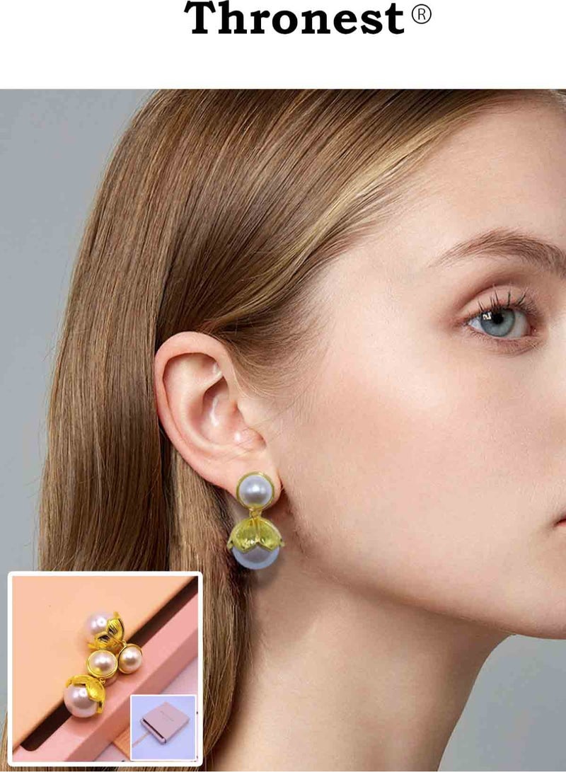 عرش أقراط من اللؤلؤ من سلسلة أمي من الذهب عيار 18 قيراط، أقراط فاخرة وأنيقة لا تسبب الحساسية، مناسبة للارتداء اليومي للمرأة وحضور مناسبات العشاء، هدايا عيد الأم - Image 1