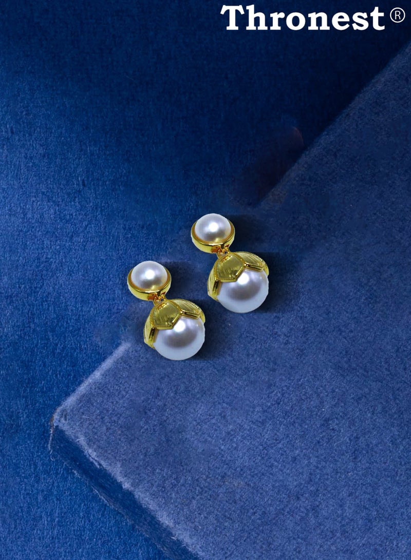 عرش أقراط من اللؤلؤ من سلسلة أمي من الذهب عيار 18 قيراط، أقراط فاخرة وأنيقة لا تسبب الحساسية، مناسبة للارتداء اليومي للمرأة وحضور مناسبات العشاء، هدايا عيد الأم - Image 2