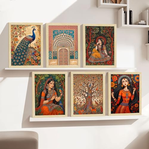ArtX Paper Indian Madhubani Art Paintings with Frame for Home Decor, Wall Painting for Living Room, Multicolor, Natural Wood Color Frames, 10x13 inch, Set of 6 - Image 4