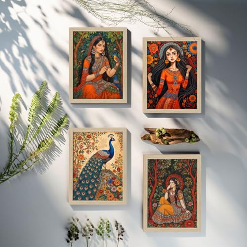 ArtX Paper Indian Madhubani Art Paintings with Frame for Home Decor, Wall Painting for Living Room, Multicolor, Natural Wood Color Frames, 10x13 inch, Set of 6 - Image 5