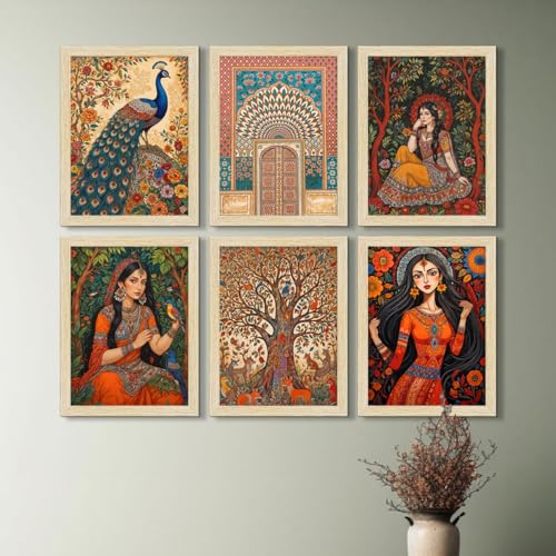 ArtX Paper Indian Madhubani Art Paintings with Frame for Home Decor, Wall Painting for Living Room, Multicolor, Natural Wood Color Frames, 10x13 inch, Set of 6 - Image 3