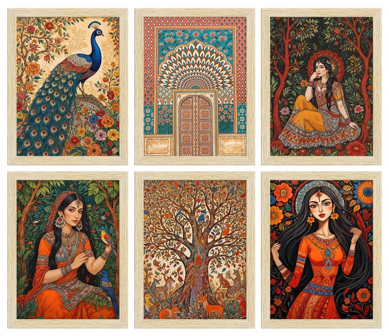 ArtX Paper Indian Madhubani Art Paintings with Frame for Home Decor, Wall Painting for Living Room, Multicolor, Natural Wood Color Frames, 10x13 inch, Set of 6 - Image 1