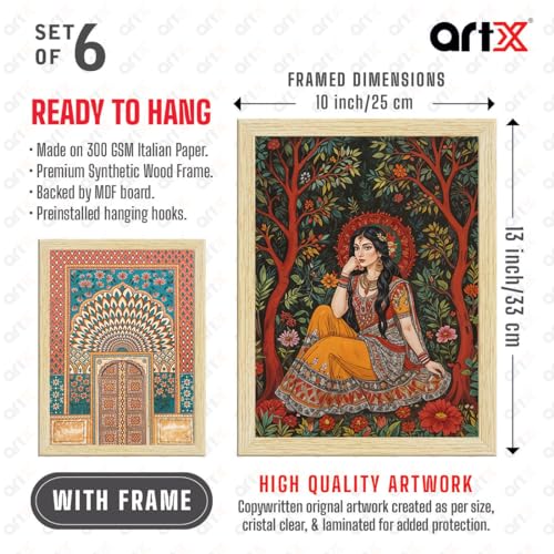 ArtX Paper Indian Madhubani Art Paintings with Frame for Home Decor, Wall Painting for Living Room, Multicolor, Natural Wood Color Frames, 10x13 inch, Set of 6 - Image 2