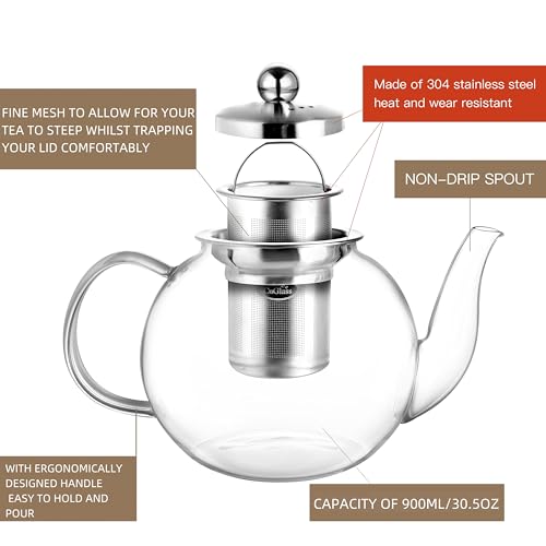 CNGLASS 900ml Glass Teapot with Removable Infuser,Clear Tea Kettle Stovetop Safe,Blooming and Loose Leaf Tea Maker - Image 3