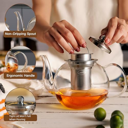 CNGLASS 900ml Glass Teapot with Removable Infuser,Clear Tea Kettle Stovetop Safe,Blooming and Loose Leaf Tea Maker - Image 4