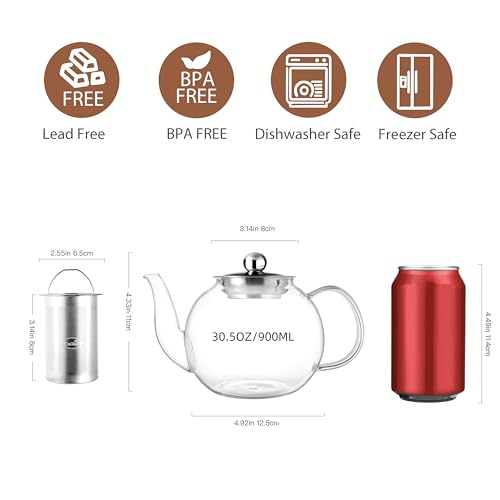 CNGLASS 900ml Glass Teapot with Removable Infuser,Clear Tea Kettle Stovetop Safe,Blooming and Loose Leaf Tea Maker - Image 2