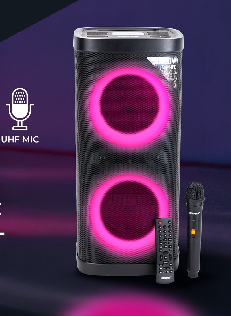 GEEPAS سماعة احترافية قابلة لإعادة الشحن | إضاءة RGB، مدخل USB، TF، TWS، راديو FM، ميكروفون UHF، بلوتوث | سماعة 60000 واط PMPO مع جهاز تحكم عن بعد | مثالية للحفلات، الفعاليات، الترفيه المنزلي | ضمان لمدة سنتين GMS11192 - Image 1