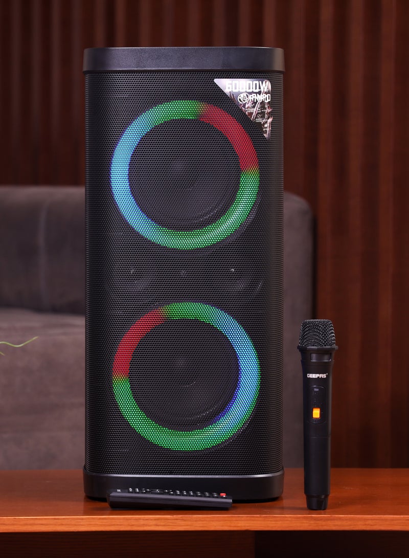 GEEPAS سماعة احترافية قابلة لإعادة الشحن | إضاءة RGB، مدخل USB، TF، TWS، راديو FM، ميكروفون UHF، بلوتوث | سماعة 60000 واط PMPO مع جهاز تحكم عن بعد | مثالية للحفلات، الفعاليات، الترفيه المنزلي | ضمان لمدة سنتين GMS11192 - Image 2