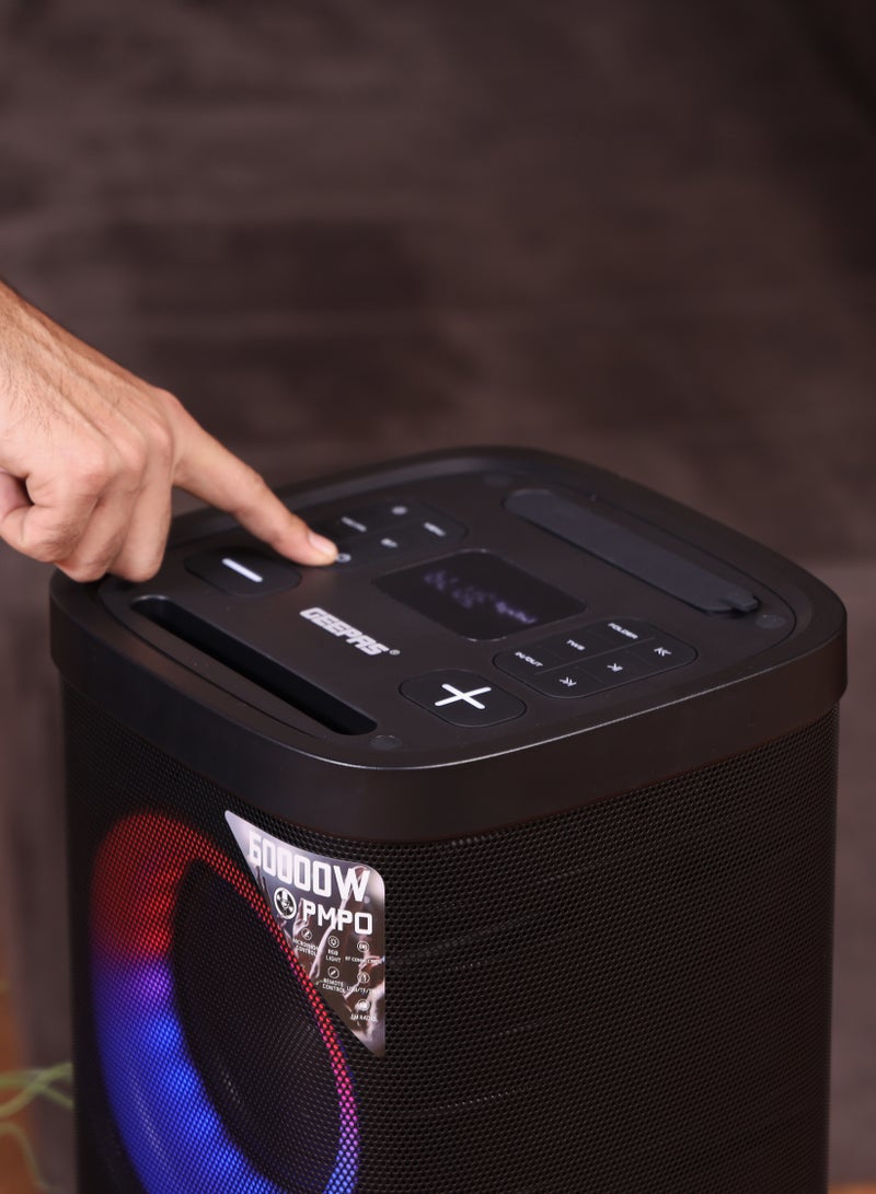 GEEPAS سماعة احترافية قابلة لإعادة الشحن | إضاءة RGB، مدخل USB، TF، TWS، راديو FM، ميكروفون UHF، بلوتوث | سماعة 60000 واط PMPO مع جهاز تحكم عن بعد | مثالية للحفلات، الفعاليات، الترفيه المنزلي | ضمان لمدة سنتين GMS11192 - Image 4