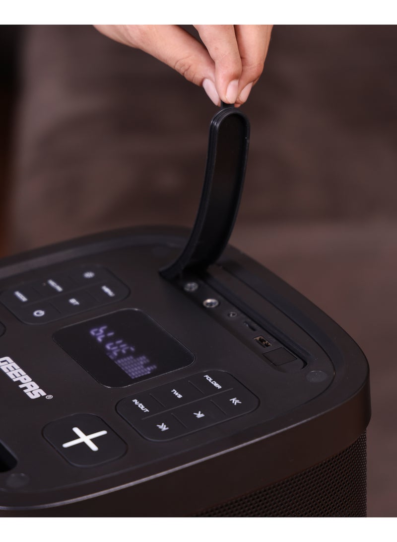 GEEPAS سماعة احترافية قابلة لإعادة الشحن | إضاءة RGB، مدخل USB، TF، TWS، راديو FM، ميكروفون UHF، بلوتوث | سماعة 60000 واط PMPO مع جهاز تحكم عن بعد | مثالية للحفلات، الفعاليات، الترفيه المنزلي | ضمان لمدة سنتين GMS11192 - Image 5