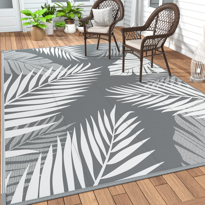 GENIMO Outdoor Rug 9 x 12 Waterproof for Patios Clearance Reversible Plastic Straw Camping Carpet Large Area Rugs Mats RV Picnic Backyard Deck Balcony Porch Beach GreyWhite