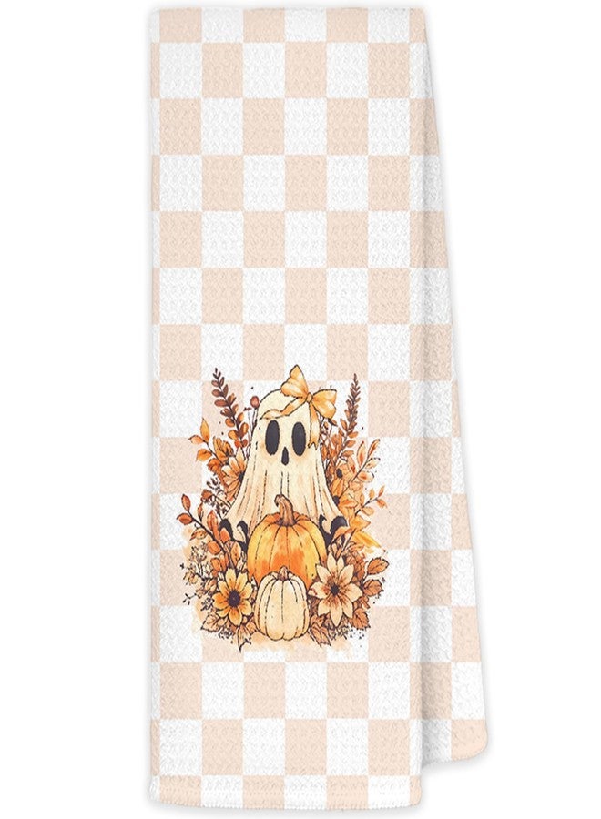 JINYO Ghost Pumpkins Floral Kitchen Towels, Orange and White Checkered Hand Towels for Bathroom Kitchen Fall Decor, Halloween Decorative Dish Tea Towels, 16x24 Inch - Image 1