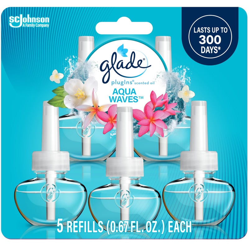 Glade عبوات إعادة تعبئة معطر الهواء من غليد بنكهة الزيوت الأساسية للمنزل والحمام - أمواج أكوا 335 أونصة سائلة 5 عبوات