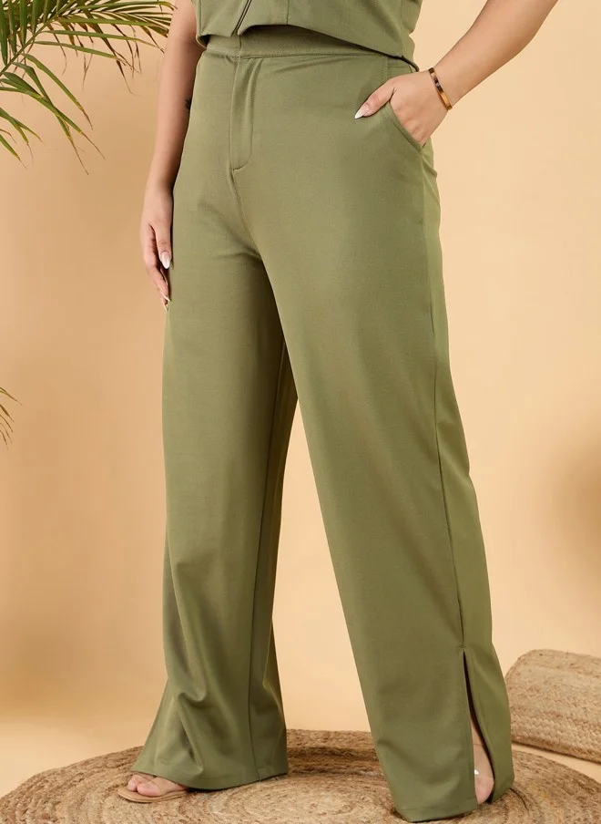 CURVY STREET Olive Green Plus Size Straight Fit Trousers for Women