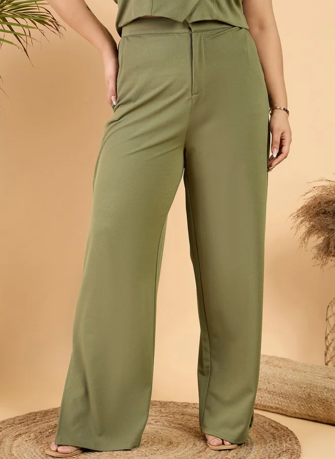 CURVY STREET Olive Green Plus Size Straight Fit Trousers for Women