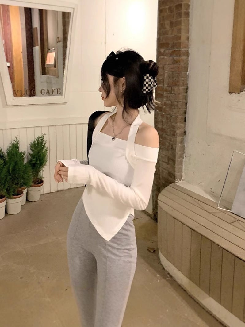 Niche Ins Pure Desire For Wind Sweet Spice Girl One-Word Leaky Shoulder T-Shirt Women'S Early 2024 Long Sleeve Base Top Women - Image 4