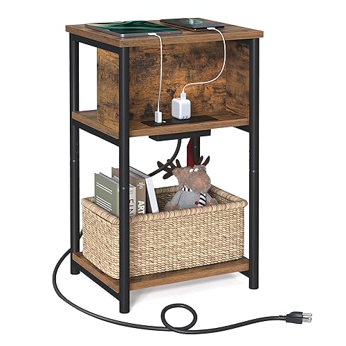 VASAGLE Side Table with Charging Station 3Tier End Table with USB Ports and Outlets Nightstand for Living Room Bedroom 118 x 134 x 228 Inches Plugin Series Rustic Brown and Black