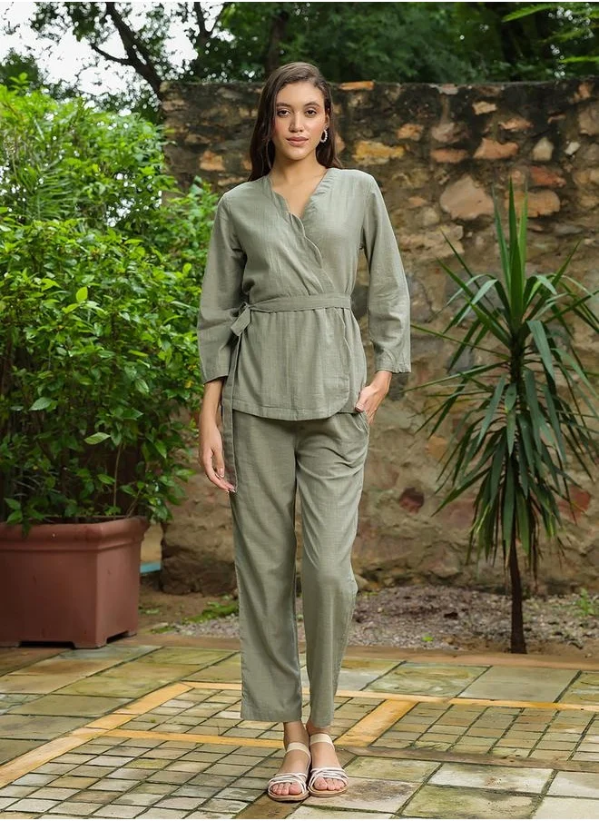 سانسكريتي هومز Solid Cotton Belted Wrap Top with Trouser Co-Ords