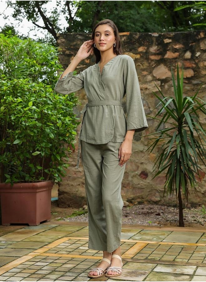 sanskrutihomes - Solid Cotton Belted Wrap Top with Trouser Co-Ords - Image 1
