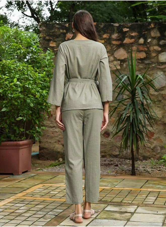 سانسكريتي هومز Solid Cotton Belted Wrap Top with Trouser Co-Ords