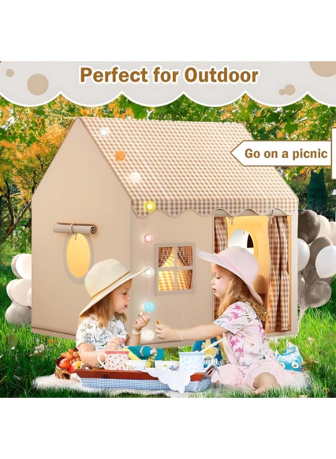 Kids Play House Tent 120×105×128cm, Indoor Outdoor Large Children Play Tent with Colorful Light String, Checkered Curtain Window, Portable Washable Fabric Playhouse for Toddlers Boys Girls, Gift for Eid Ramadan Birthday - Image 3