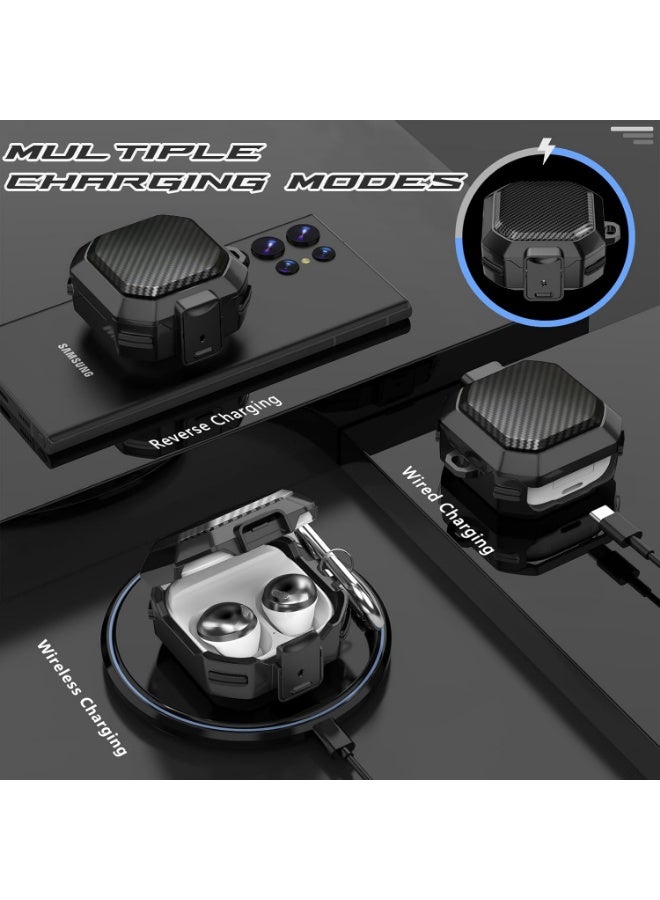 Security Lock Case for Samsung Galaxy Buds FE/Buds Live/Buds Pro/Buds2 (2021)/Buds2 Pro (2022) Heavy Duty Protective Case Front Button To Open Carbon Fiber Texture Body Shockproof Cover (Black) - Image 4