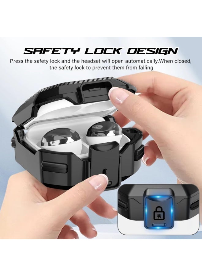 Security Lock Case for Samsung Galaxy Buds FE/Buds Live/Buds Pro/Buds2 (2021)/Buds2 Pro (2022) Heavy Duty Protective Case Front Button To Open Carbon Fiber Texture Body Shockproof Cover (Black) - Image 3