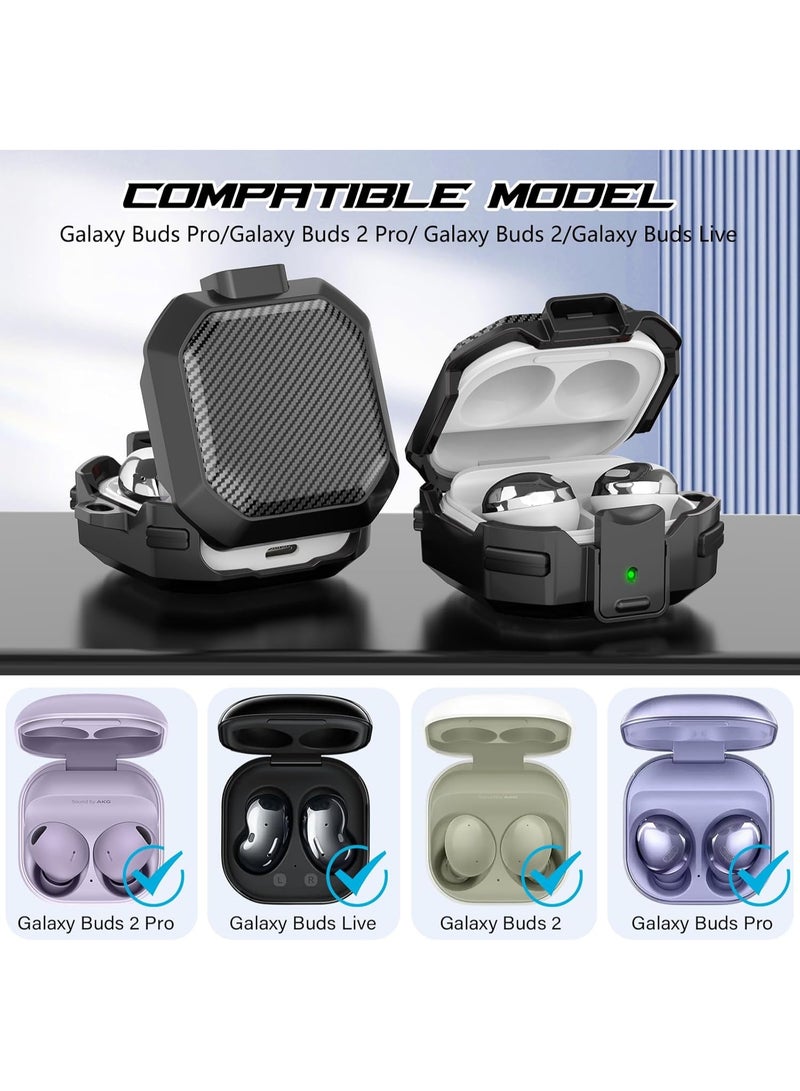 Security Lock Case for Samsung Galaxy Buds FE/Buds Live/Buds Pro/Buds2 (2021)/Buds2 Pro (2022) Heavy Duty Protective Case Front Button To Open Carbon Fiber Texture Body Shockproof Cover (Black) - Image 2