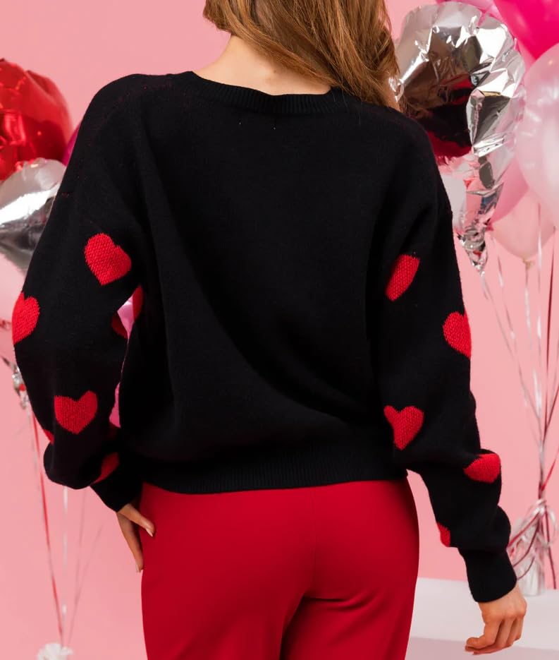 Argeousgor Women Heart Print Sweater Love Graphic Knitted Top Crewneck Cute Holiday Long Sleeve Shirts S R Black - Image 2