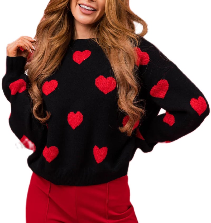 Argeousgor Women Heart Print Sweater Love Graphic Knitted Top Crewneck Cute Holiday Long Sleeve Shirts S R Black - Image 1