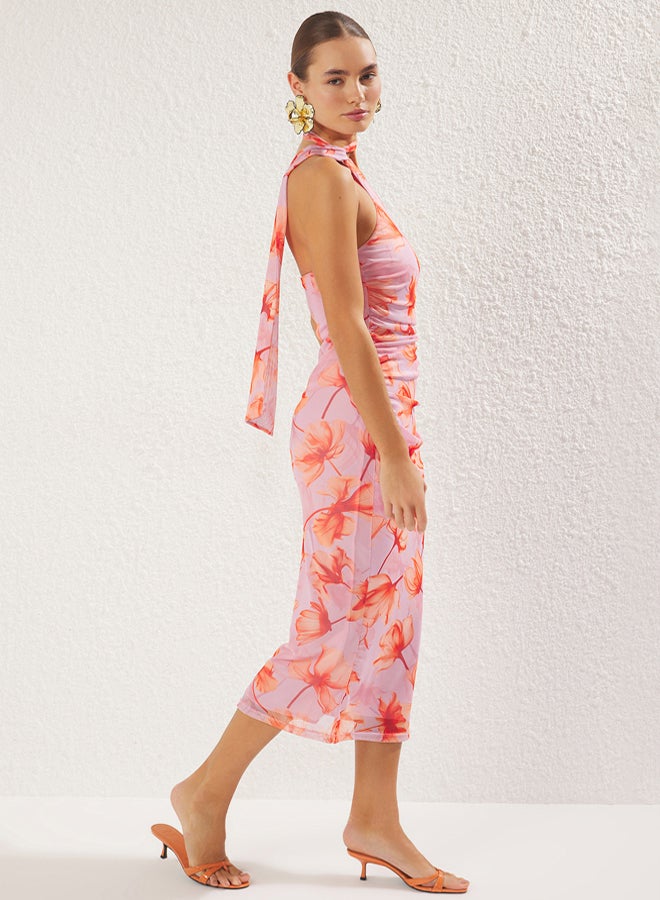 trendyol Pink Floral Printed Halter Neck Fitted Stretchy Tulle Knitted Midi Pencil Dress  - Image 2