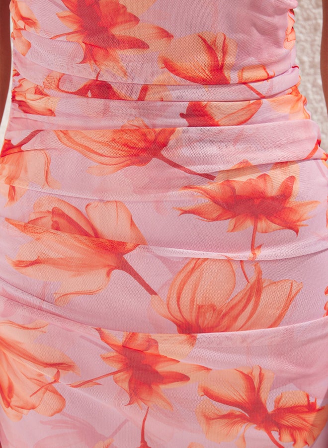 trendyol Pink Floral Printed Halter Neck Fitted Stretchy Tulle Knitted Midi Pencil Dress  - Image 3