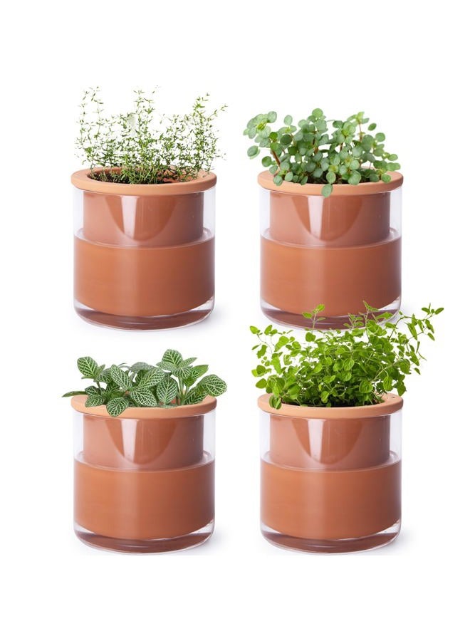 Phoenix Vine 4 Inch Self Watering Plants Pot, Design Terracotta Pot for Plants, Indoor Cylinder Terra Cotta Planter with Glass Vase, Set of 4, 51-A-E-4 - Image 1