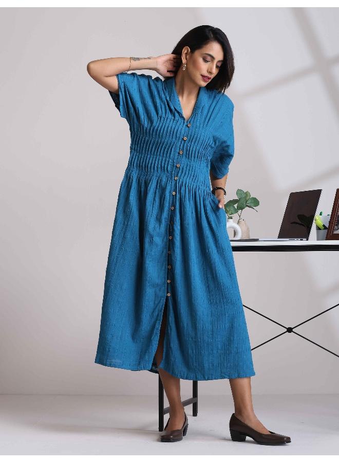 trueBrowns trueBrowns Blue Cotton Dobby Dress  - Image 1