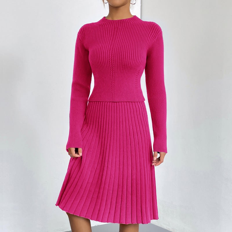 Elegant Knit Sweater Skirt Set Autumn Winter Rose red A- line skirt