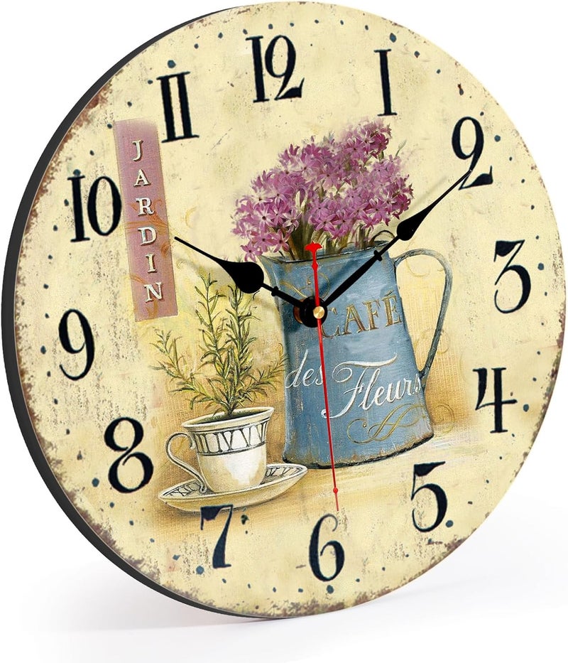 Toudorp Wall Clock, 8 inches, French Flowers, Battery Operated, Arabic Numerals, Decorative Wall Clocks for Kitchen, Office, Classroom – Coffee and Flowers - Image 2