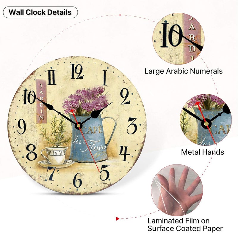 Toudorp Wall Clock, 8 inches, French Flowers, Battery Operated, Arabic Numerals, Decorative Wall Clocks for Kitchen, Office, Classroom – Coffee and Flowers - Image 3