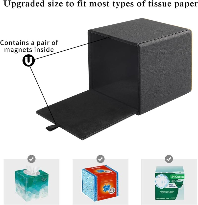 RHCSZ Linen Square Tissue Box Cover,Cube Tissue Box Holder－Excellent Rosegold Leather Decoration,Table Napkin Case Dispenser,Facial Tissues Organizer with Magnetic Bottom for Home Office Car(Black) - Image 5